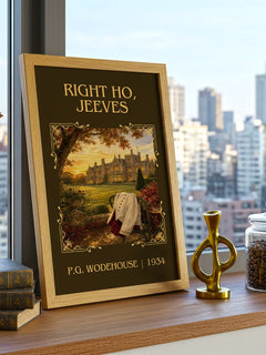 Right Ho, Jeeves Classic Book Art Print by P.G. Wodehouse – framed print on a city-view windowsill