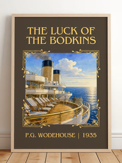 The Luck of the Bodkins Classic Book Art Print by P.G. Wodehouse – framed print leaning on a wooden floor