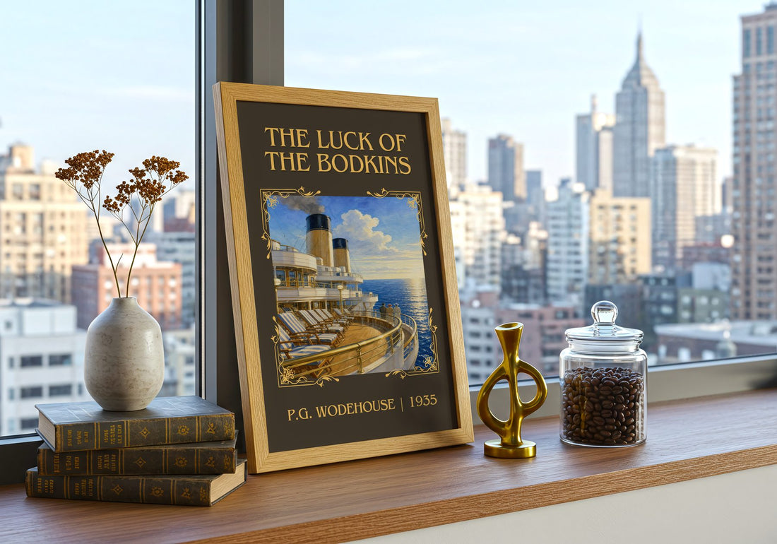 The Luck of the Bodkins Classic Book Art Print by P.G. Wodehouse – framed print on a city-view windowsill