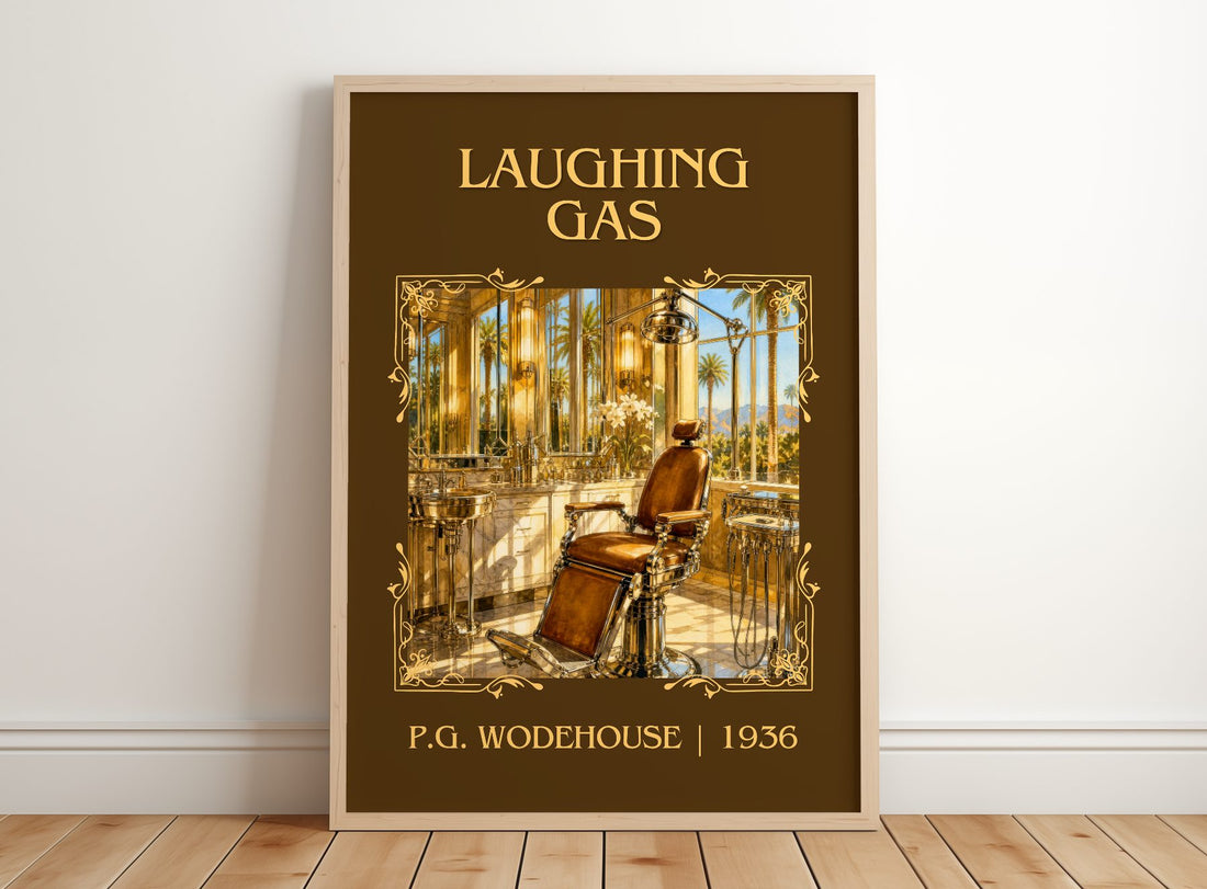 Laughing Gas Classic Book Art Print by P.G. Wodehouse – framed print leaning on a wooden floor