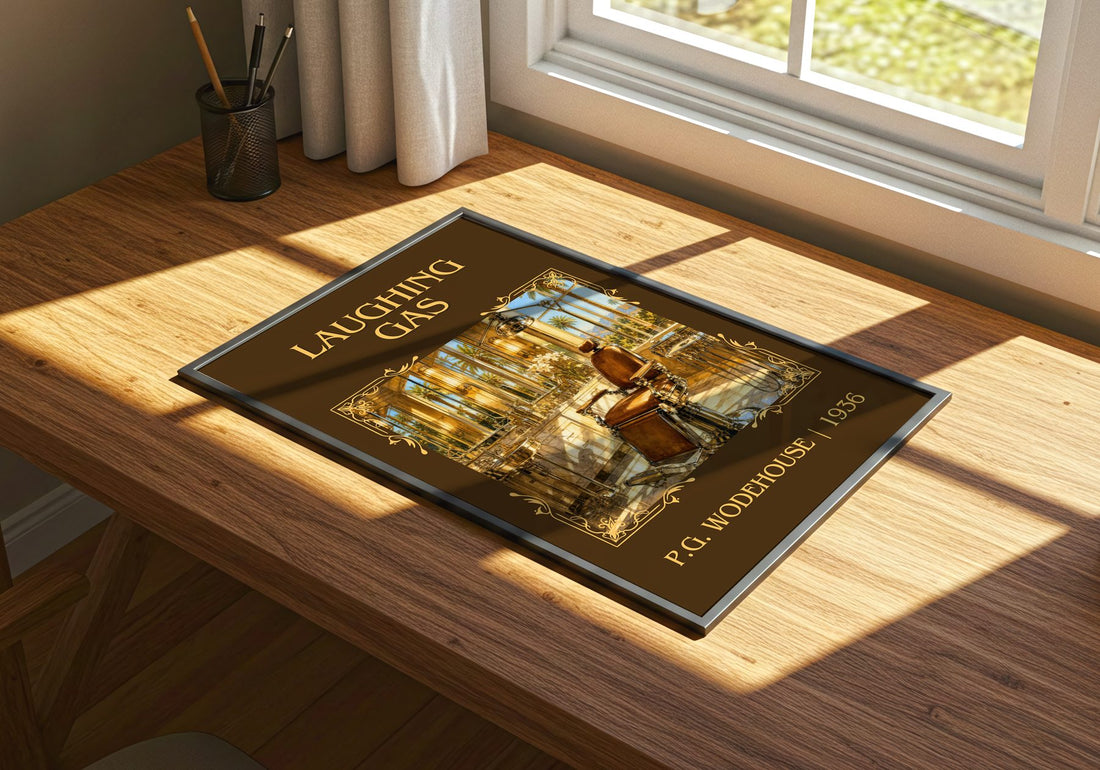 Laughing Gas Classic Book Art Print by P.G. Wodehouse – print on a sunlit desk
