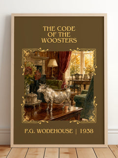 The Code of the Woosters Classic Book Art Print by P.G. Wodehouse – framed print leaning on a wooden floor