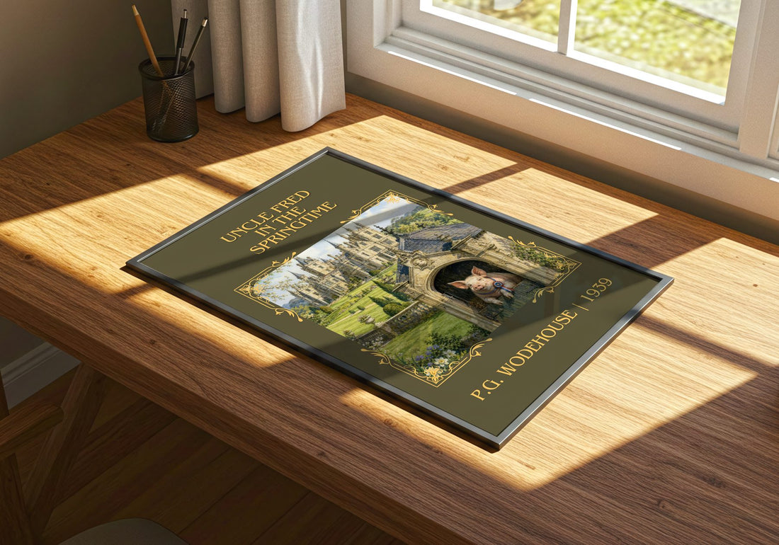 Uncle Fred in the Springtime Classic Book Art Print by P.G. Wodehouse – print on a sunlit desk