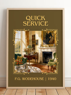 Quick Service Classic Book Art Print by P.G. Wodehouse – framed print leaning on a wooden floor