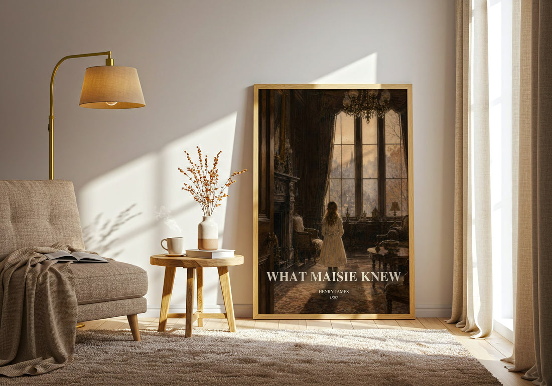 What Maisie Knew watercolour print in frame leaning in hallway – classic literature wall art (mockup)