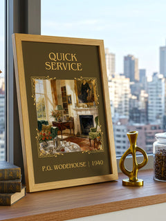 Quick Service Classic Book Art Print by P.G. Wodehouse – framed print on a city-view windowsill