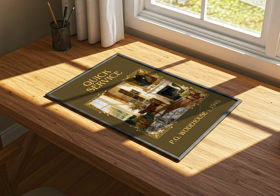Quick Service Classic Book Art Print by P.G. Wodehouse – print on a sunlit desk