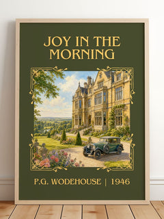 Joy in the Morning Classic Book Art Print by P.G. Wodehouse – framed print leaning on a wooden floor