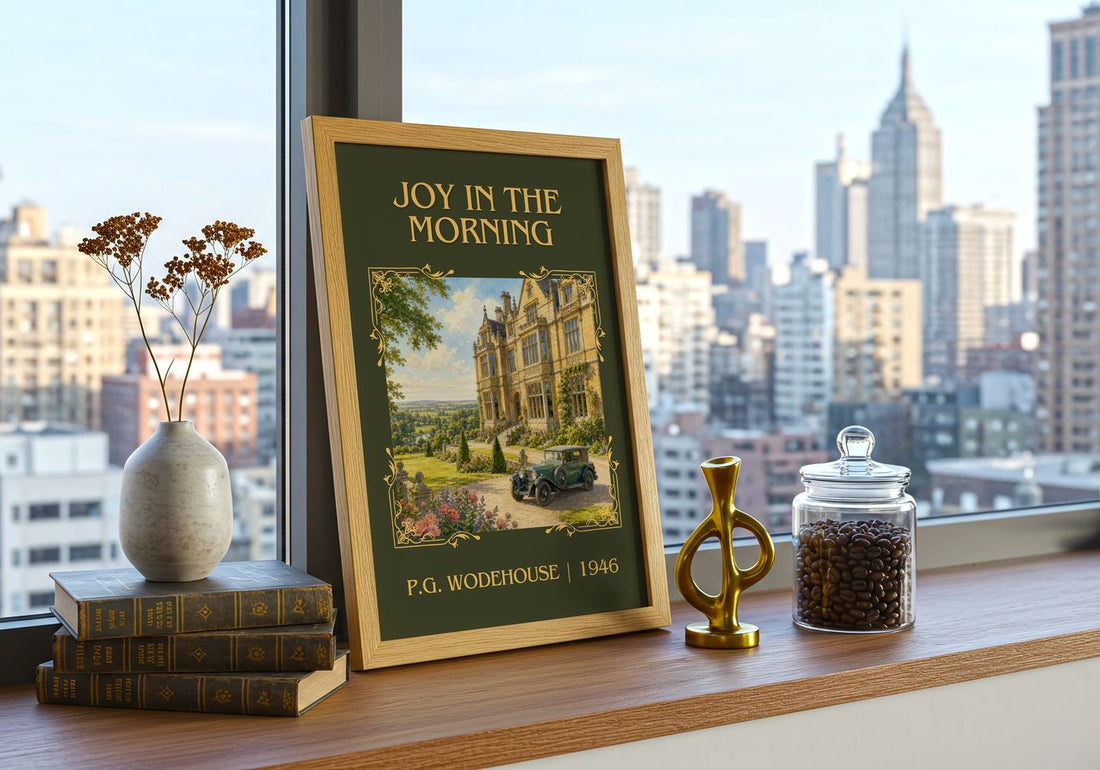 Joy in the Morning Classic Book Art Print by P.G. Wodehouse – framed print on a city-view windowsill
