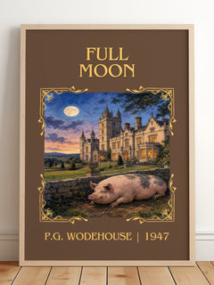 Full Moon Classic Book Art Print by P.G. Wodehouse – framed print leaning on a wooden floor