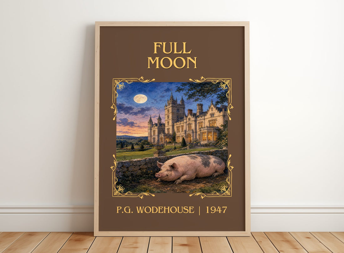 Full Moon Classic Book Art Print by P.G. Wodehouse – framed print leaning on a wooden floor
