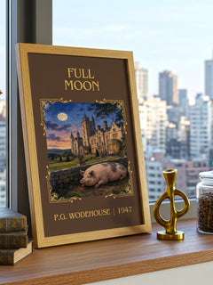 Full Moon Classic Book Art Print by P.G. Wodehouse – framed print on a city-view windowsill