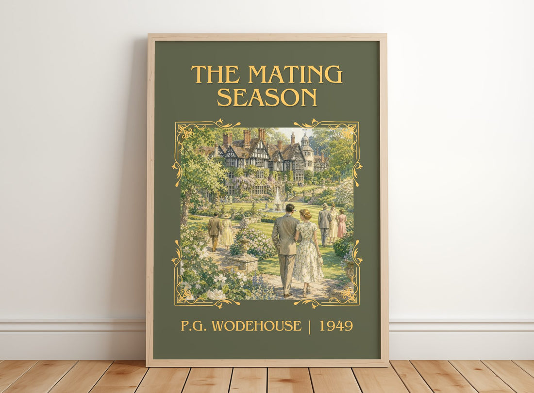 The Mating Season Classic Book Art Print by P.G. Wodehouse – framed print leaning on a wooden floor