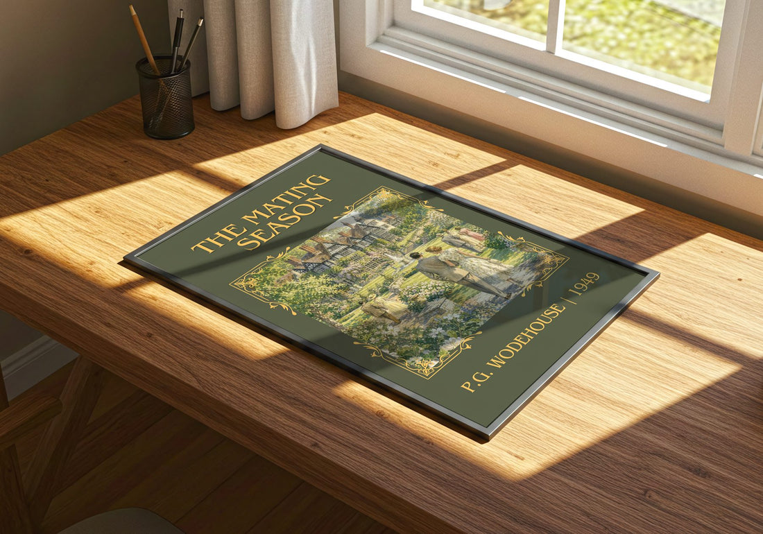 The Mating Season Classic Book Art Print by P.G. Wodehouse – print on a sunlit desk