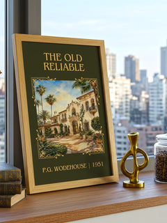 The Old Reliable Classic Book Art Print by P.G. Wodehouse – framed print on a city-view windowsill