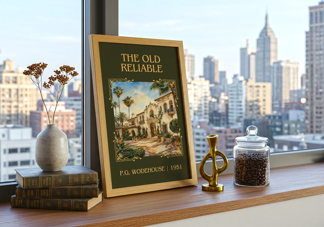 The Old Reliable Classic Book Art Print by P.G. Wodehouse – framed print on a city-view windowsill