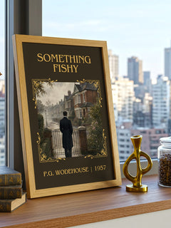 Something Fishy Classic Book Art Print by P.G. Wodehouse – framed print on a city-view windowsill