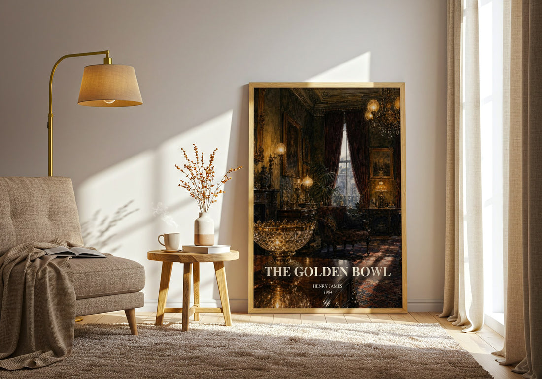 The Golden Bowl watercolour print in frame leaning in hallway – classic literature wall art (mockup)