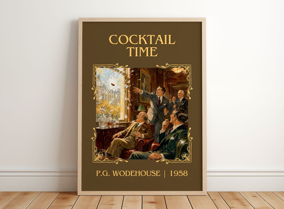 Cocktail Time Classic Book Art Print by P.G. Wodehouse – framed print leaning on a wooden floor