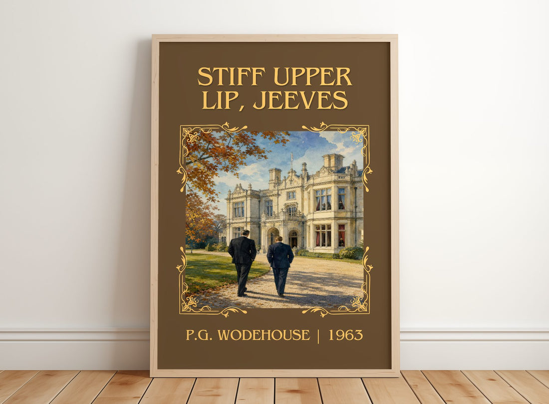 Stiff Upper Lip, Jeeves Classic Book Art Print by P.G. Wodehouse – framed print leaning on a wooden floor