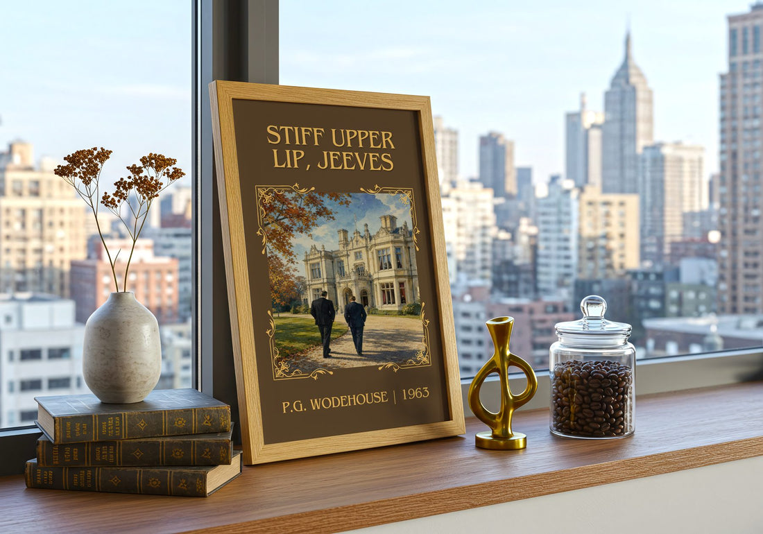 Stiff Upper Lip, Jeeves Classic Book Art Print by P.G. Wodehouse – framed print on a city-view windowsill