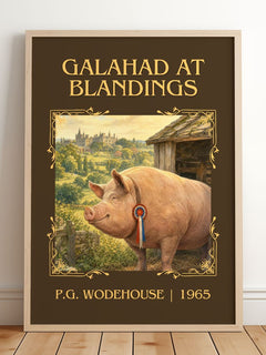 Galahad at Blandings Classic Book Art Print by P.G. Wodehouse – framed print leaning on a wooden floor
