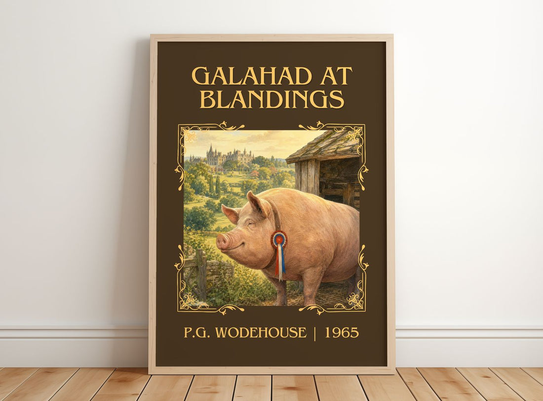 Galahad at Blandings Classic Book Art Print by P.G. Wodehouse – framed print leaning on a wooden floor