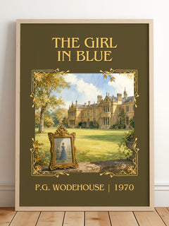 The Girl in Blue Classic Book Art Print by P.G. Wodehouse – framed print leaning on a wooden floor