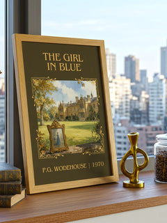 The Girl in Blue Classic Book Art Print by P.G. Wodehouse – framed print on a city-view windowsill