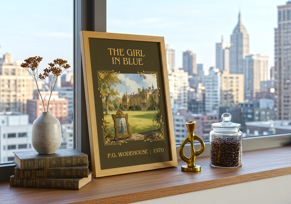 The Girl in Blue Classic Book Art Print by P.G. Wodehouse – framed print on a city-view windowsill