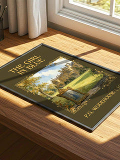 The Girl in Blue Classic Book Art Print by P.G. Wodehouse – print on a sunlit desk