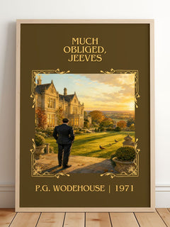 Much Obliged, Jeeves Classic Book Art Print by P.G. Wodehouse – framed print leaning on a wooden floor
