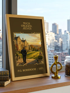Much Obliged, Jeeves Classic Book Art Print by P.G. Wodehouse – framed print on a city-view windowsill