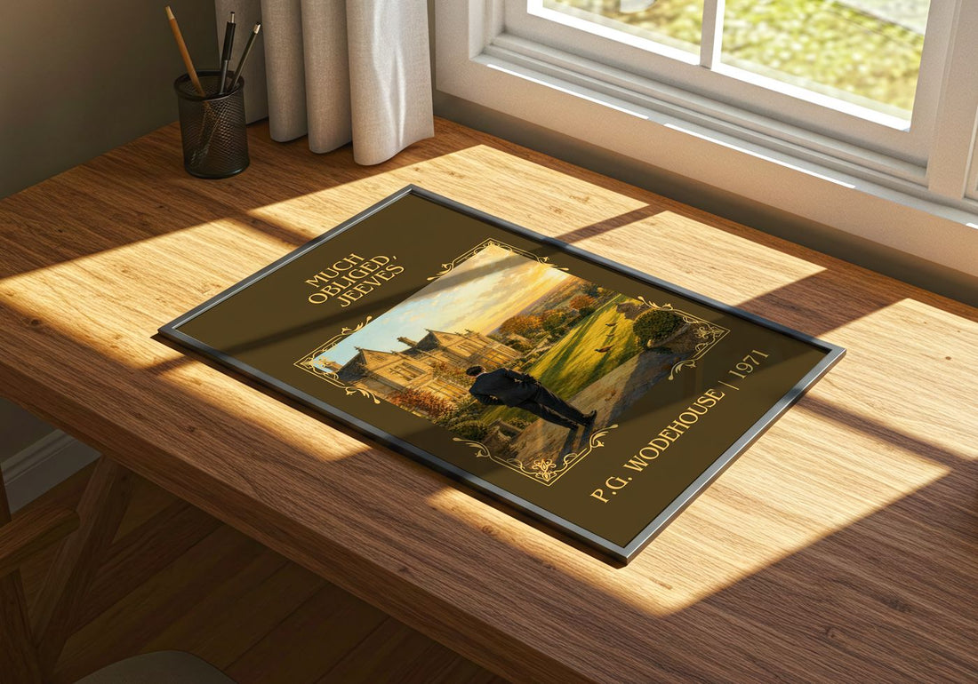 Much Obliged, Jeeves Classic Book Art Print by P.G. Wodehouse – print on a sunlit desk