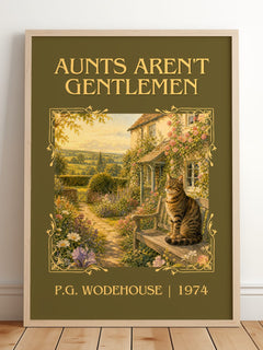 Aunts Aren't Gentlemen Classic Book Art Print by P.G. Wodehouse – framed print leaning on a wooden floor