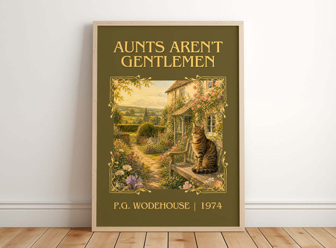 Aunts Aren't Gentlemen Classic Book Art Print by P.G. Wodehouse – framed print leaning on a wooden floor