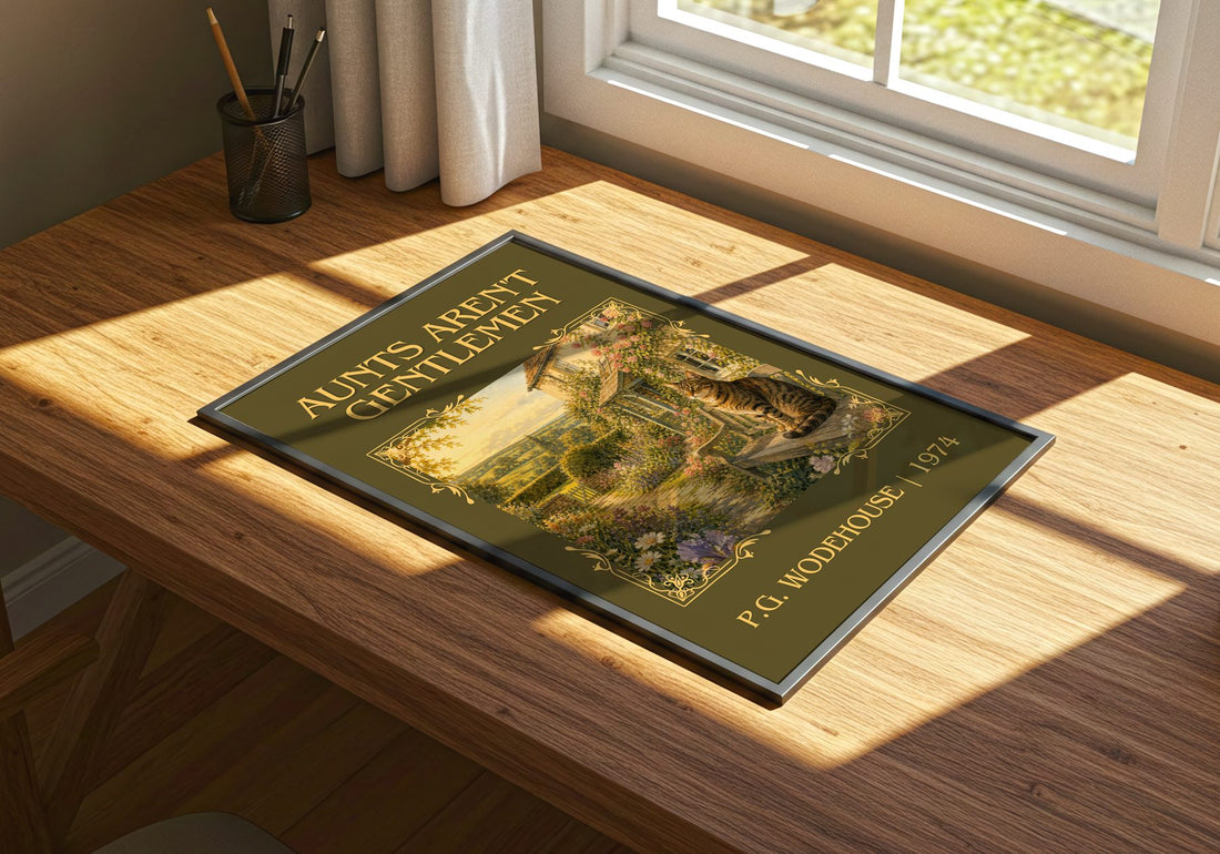 Aunts Aren't Gentlemen Classic Book Art Print by P.G. Wodehouse – print on a sunlit desk