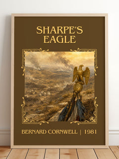 Sharpe's Eagle Classic Book Art Print by Bernard Cornwell – framed print leaning on a wooden floor