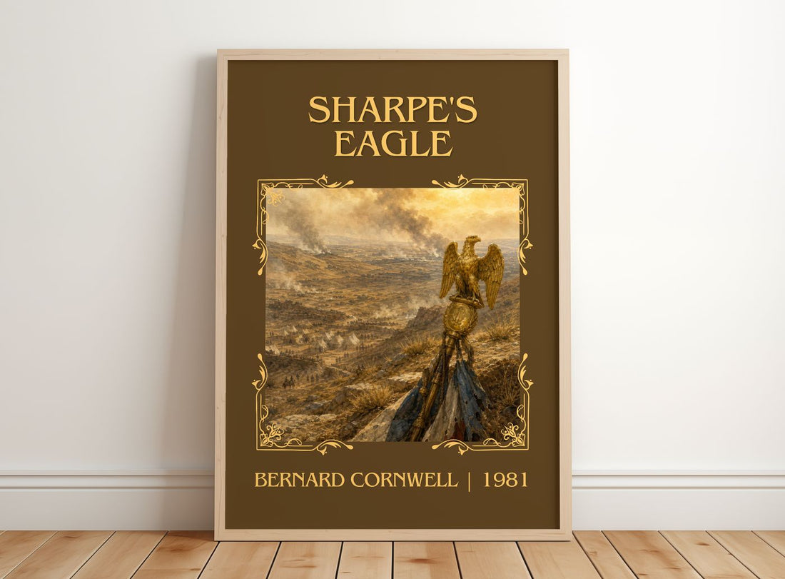 Sharpe's Eagle Classic Book Art Print by Bernard Cornwell – framed print leaning on a wooden floor