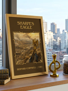 Sharpe's Eagle Classic Book Art Print by Bernard Cornwell – framed print on a city-view windowsill