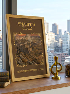Sharpe's Gold Classic Book Art Print by Bernard Cornwell – framed print on a city-view windowsill