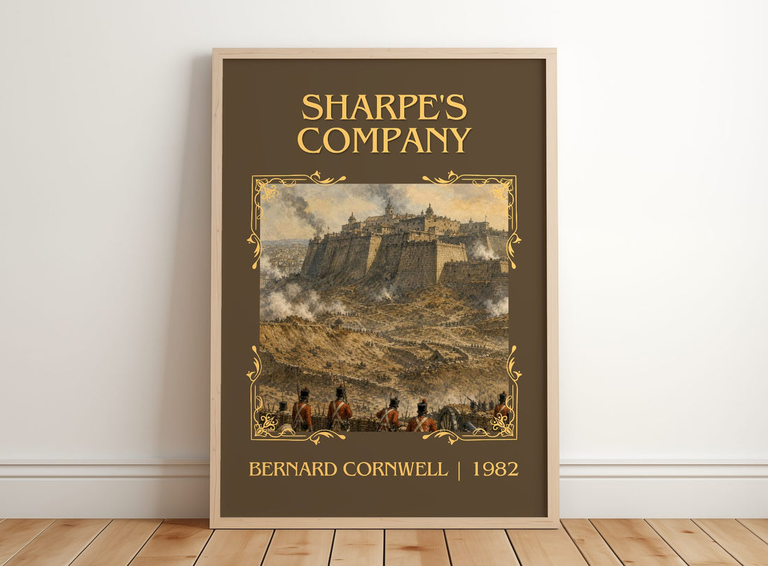 Sharpe's Company Classic Book Art Print by Bernard Cornwell – framed print leaning on a wooden floor