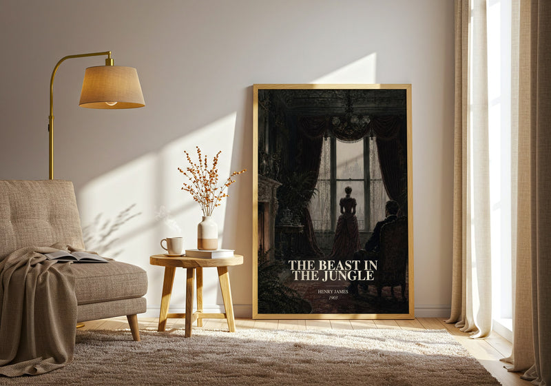 The Beast In The Jungle watercolour print in frame leaning in hallway – classic literature wall art
