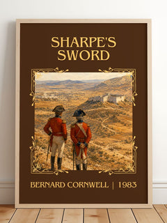 Sharpe's Sword Classic Book Art Print by Bernard Cornwell – framed print leaning on a wooden floor