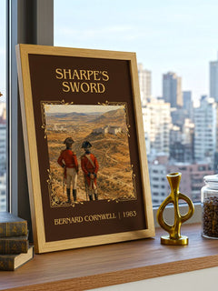 Sharpe's Sword Classic Book Art Print by Bernard Cornwell – framed print on a city-view windowsill