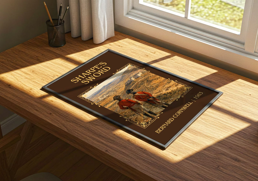 Sharpe's Sword Classic Book Art Print by Bernard Cornwell – print on a sunlit desk