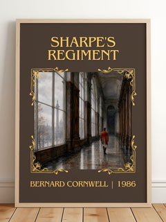 Sharpe's Regiment Classic Book Art Print by Bernard Cornwell – framed print leaning on a wooden floor
