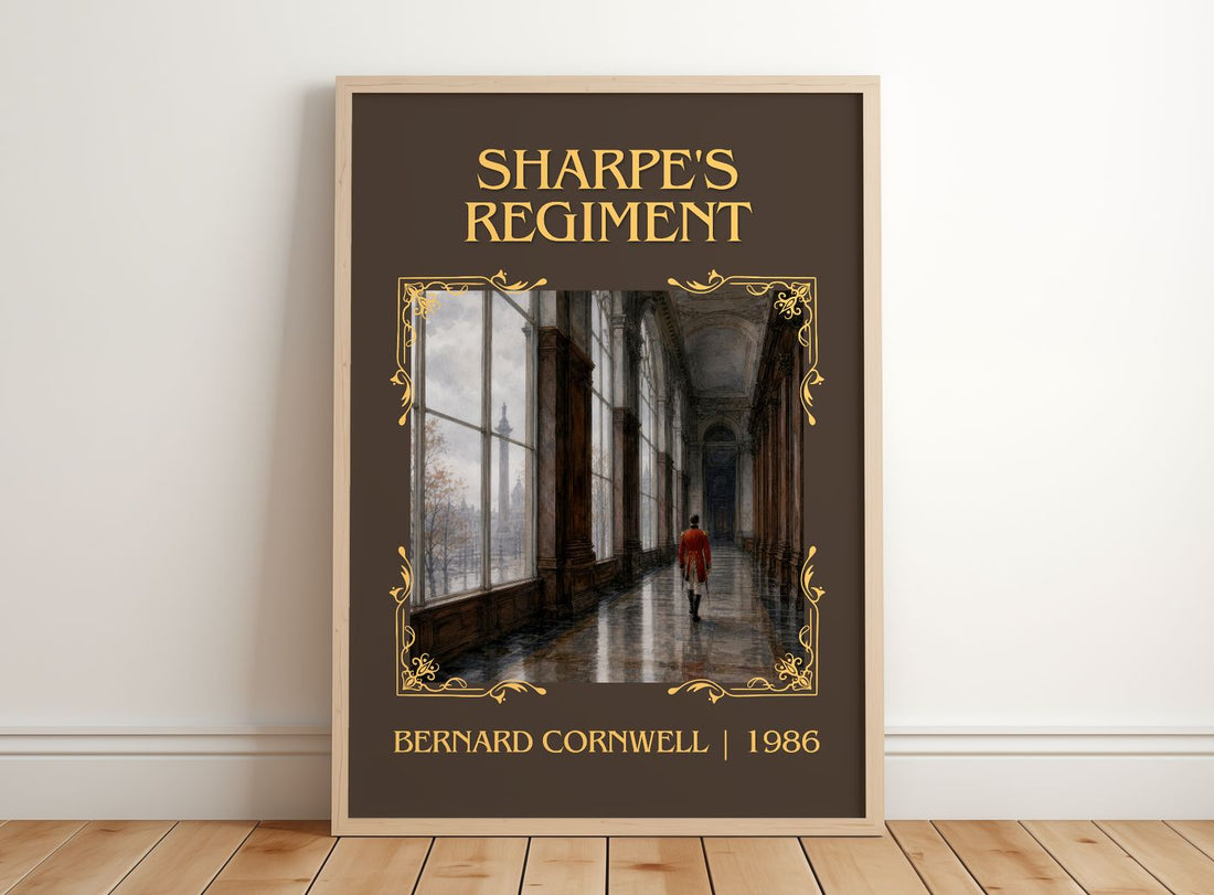 Sharpe's Regiment Classic Book Art Print by Bernard Cornwell – framed print leaning on a wooden floor