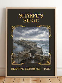 Sharpe's Siege Classic Book Art Print by Bernard Cornwell – framed print leaning on a wooden floor