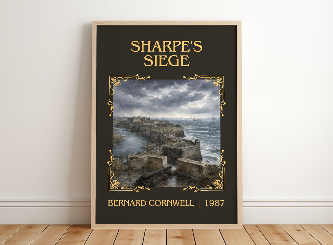 Sharpe's Siege Classic Book Art Print by Bernard Cornwell – framed print leaning on a wooden floor